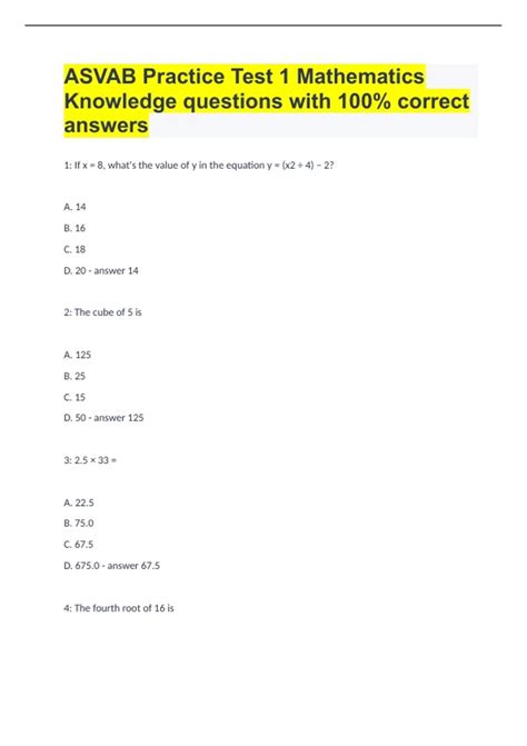 Asvab Practice Test 1 Mathematics Knowledge Questions With 100% Correct ...