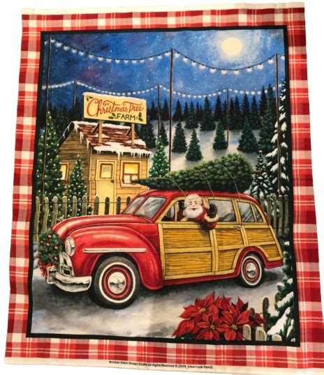 Brother Sister Design Studio Fabric Panel Christmas Tree Farm Vintage Red Car